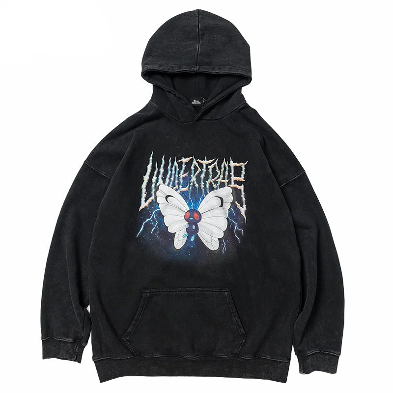 2023 Men Hip Hop Hoodie Sweatshirt Lightning Butterfly Streetwear Hoodie Retro Vintage Washed Black Hooded Pullover Harajuku
