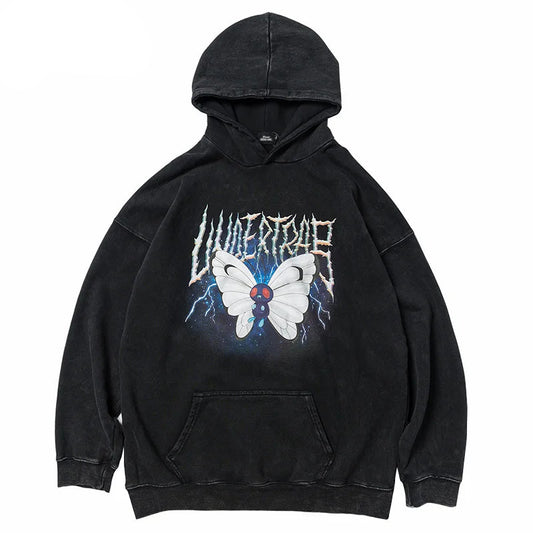 2023 Men Hip Hop Hoodie Sweatshirt Lightning Butterfly Streetwear Hoodie Retro Vintage Washed Black Hooded Pullover Harajuku