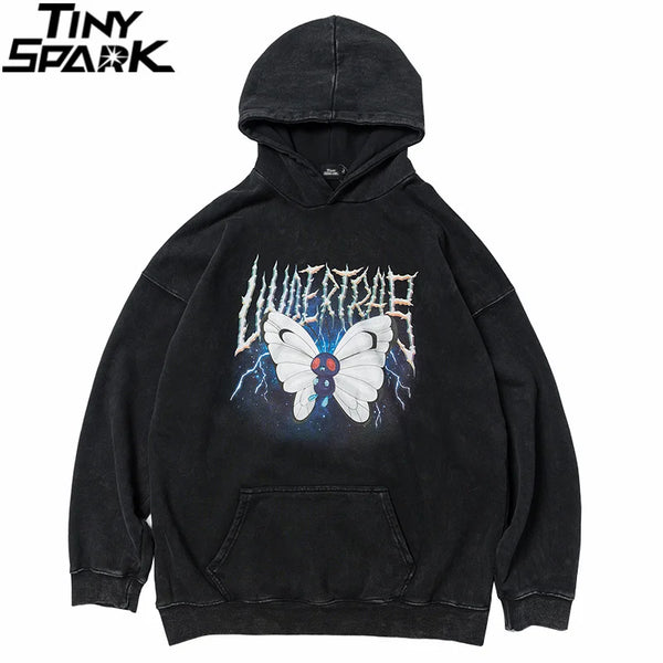 2023 Men Hip Hop Hoodie Sweatshirt Lightning Butterfly Streetwear Hoodie Retro Vintage Washed Black Hooded Pullover Harajuku