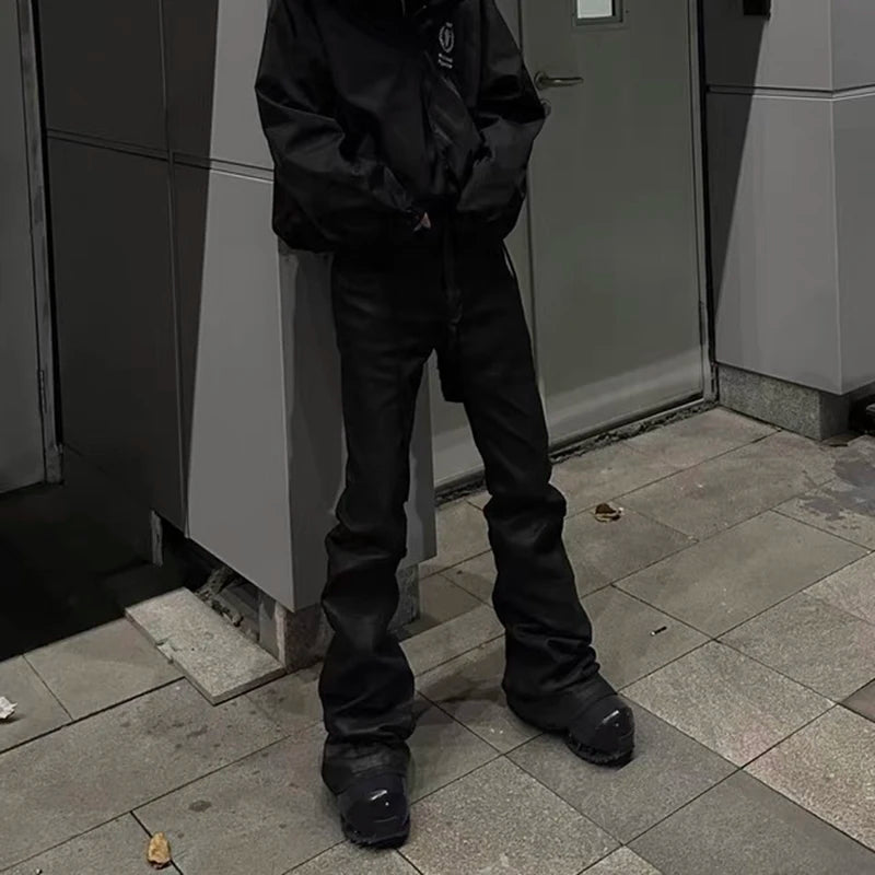 y2k streetwear wax leather strecth jeans for men and women ropa hombre baggy flare pants oversized straight denim trousers unique jeans style 4255
