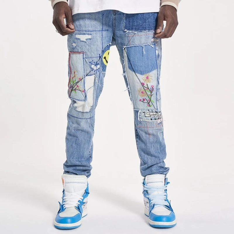 high street floral embroidery patchwork ripped blue jeans pants for male retro straight casual denim trousers oversized jean stacked flare jeans