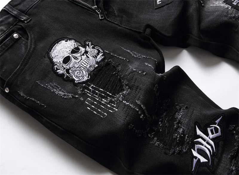 skull embroidery jeans ripped holes denim pants men zipper biker jeans streetwear slim fit y2k punk hip hop casual pants joggers unique joggers style 4170