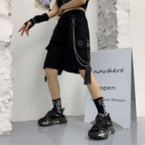 streetwear 2023 new womens summer shorts casual ribbons black cargo shorts for girls knee length pants with chain unique cargo style 2386