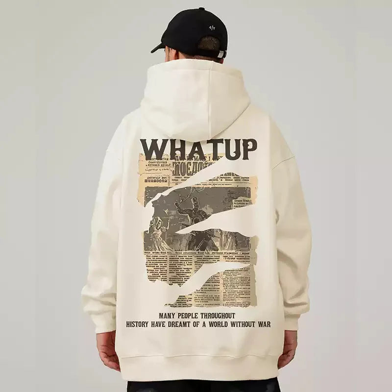 New Gothic Newspaper Graphic Print Hooded Sweatshirt For Men Fleece Hip Hop