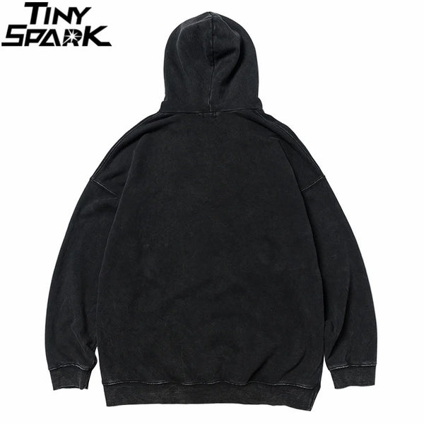 2023 Men Hip Hop Hoodie Sweatshirt Lightning Butterfly Streetwear Hoodie Retro Vintage Washed Black Hooded Pullover Harajuku