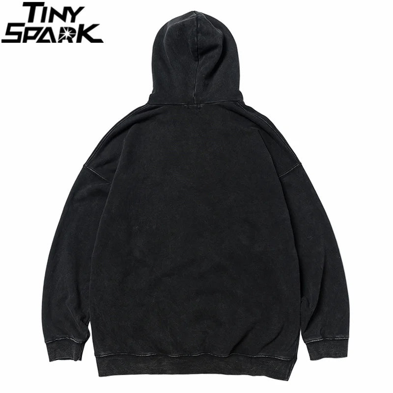 2023 Men Hip Hop Hoodie Sweatshirt Lightning Butterfly Streetwear Hoodie Retro Vintage Washed Black Hooded Pullover Harajuku