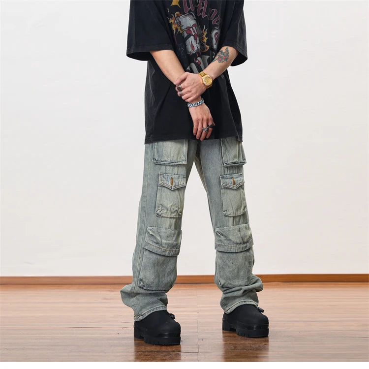 hip hop cargo denim pants streetwear plain denim pants mens harajuku cotton casual joggers jeans loose straight pants trousers unique joggers style 3859