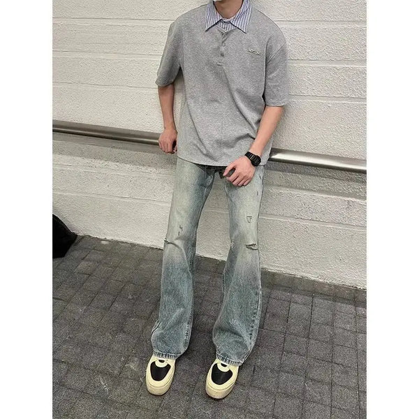 Harajuku Barcode glitch – Summer Street Handsome Patchwork Polo Shirt Short Sleeved Me