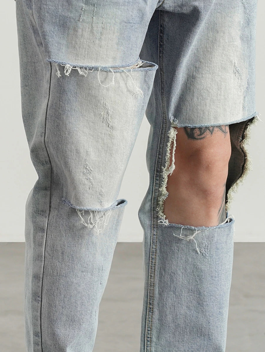 destroied big holes ripped denim jeans mens distressed biker jeans fashion high street slim straight pants streetwear joggers sporty tapered joggers