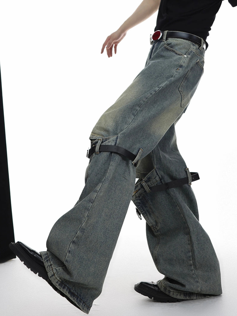 mens knee patchwork belts denim jeans unisex hip hop fashion streetwear harajuku loose flare straight y2k jean pants joggers unique joggers style 4292