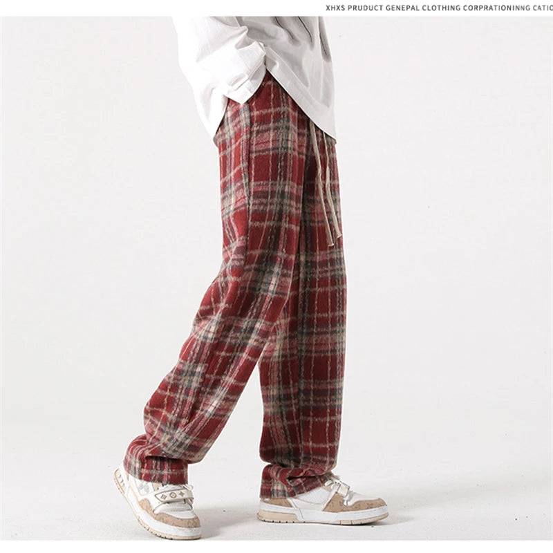 new mens y2k plaid casual baggy trousers autumn korean fashion straight woolen pants y2k vintage streetwear pantalones hombre unique default style 406