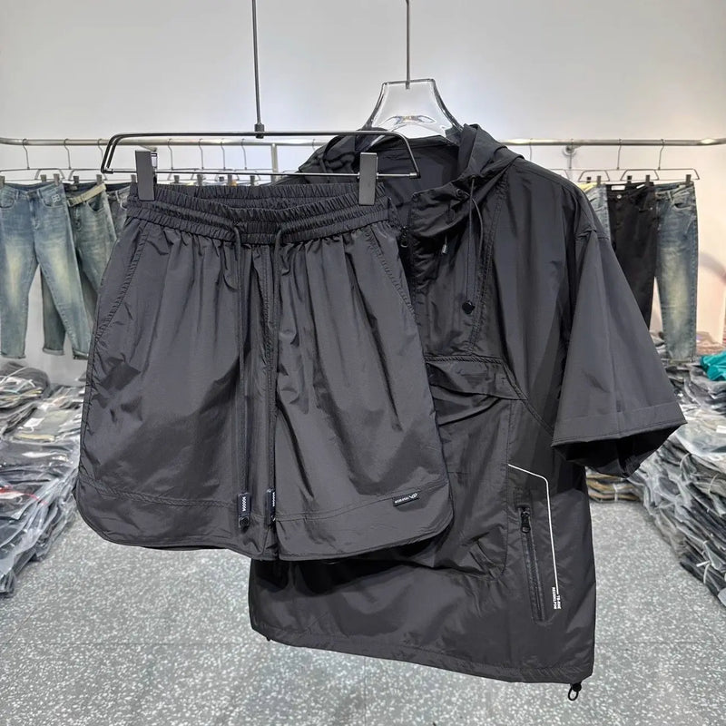 Summer Short Sleeved Shorts Set Workwear Pocket Hooded Zip Top Loose T