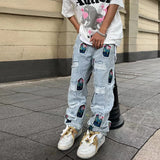 retro patch embroidered pleated jean for men street wear washed destroyed straight patchwork ripped jeans pants baggy hip hop denim street jeans