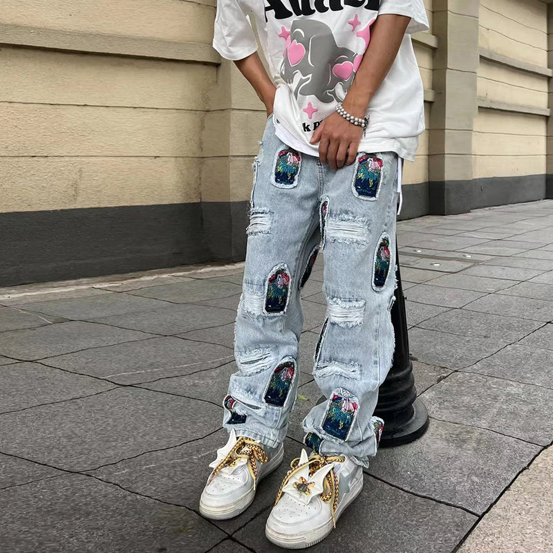 retro patch embroidered pleated jean for men street wear washed destroyed straight patchwork ripped jeans pants baggy hip hop denim street jeans