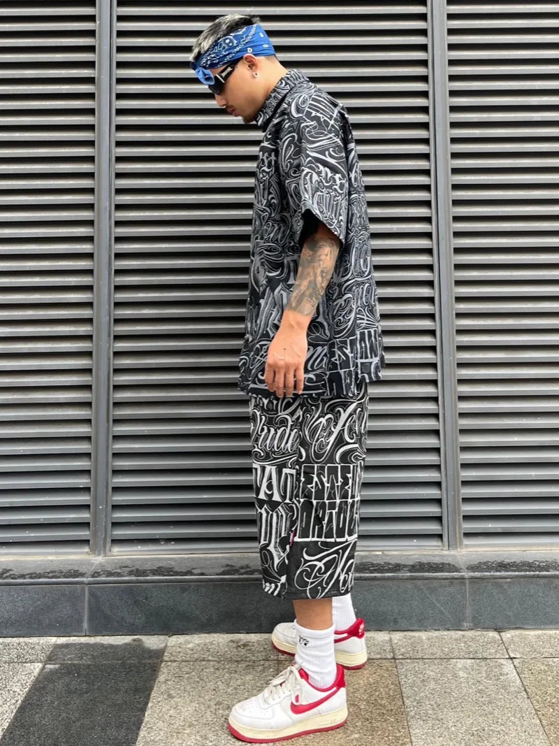 2 pieces sets mens fashion harajuku printed single breasted shirts and drawstring capris short pants joggers new streetwear sets unique joggers style 4435