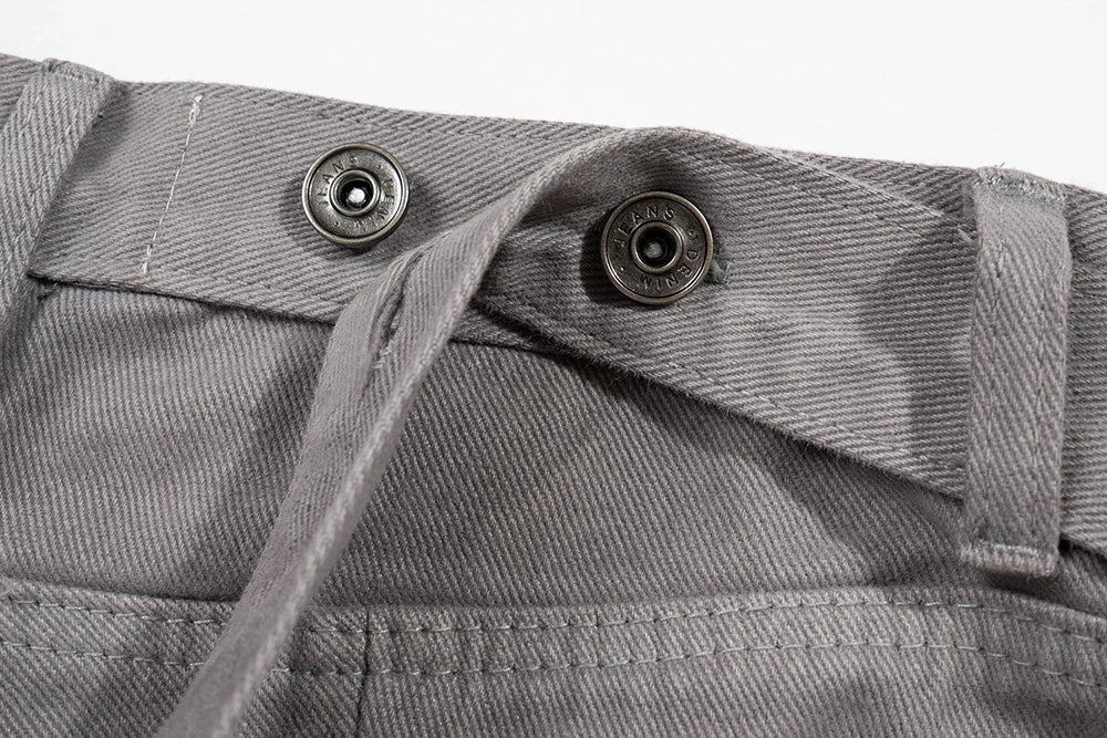 streetwear big pockets sashes pleated baggy jeans for men and women washed straight casual cargo pants oversize denim trousers unique cargo style 153