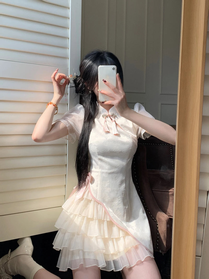 Vintage Chinese Style Cheongsam High Split Mini Dress 2024 Tie Dye Gothic Women Aesthetic Bandage Dresses Y2k Sexy Bodycon Robe