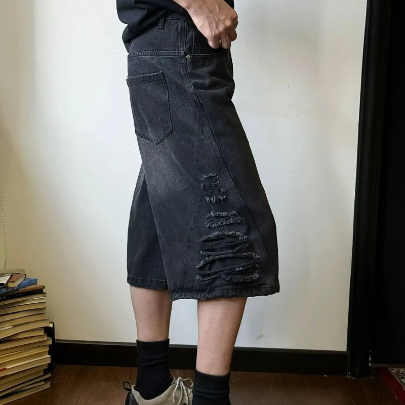 mens hip hop washed denim shorts broken hole folds burr edge street punk cowboy middle pants pockets bomber quarter pants y2k unique jeans style 4913