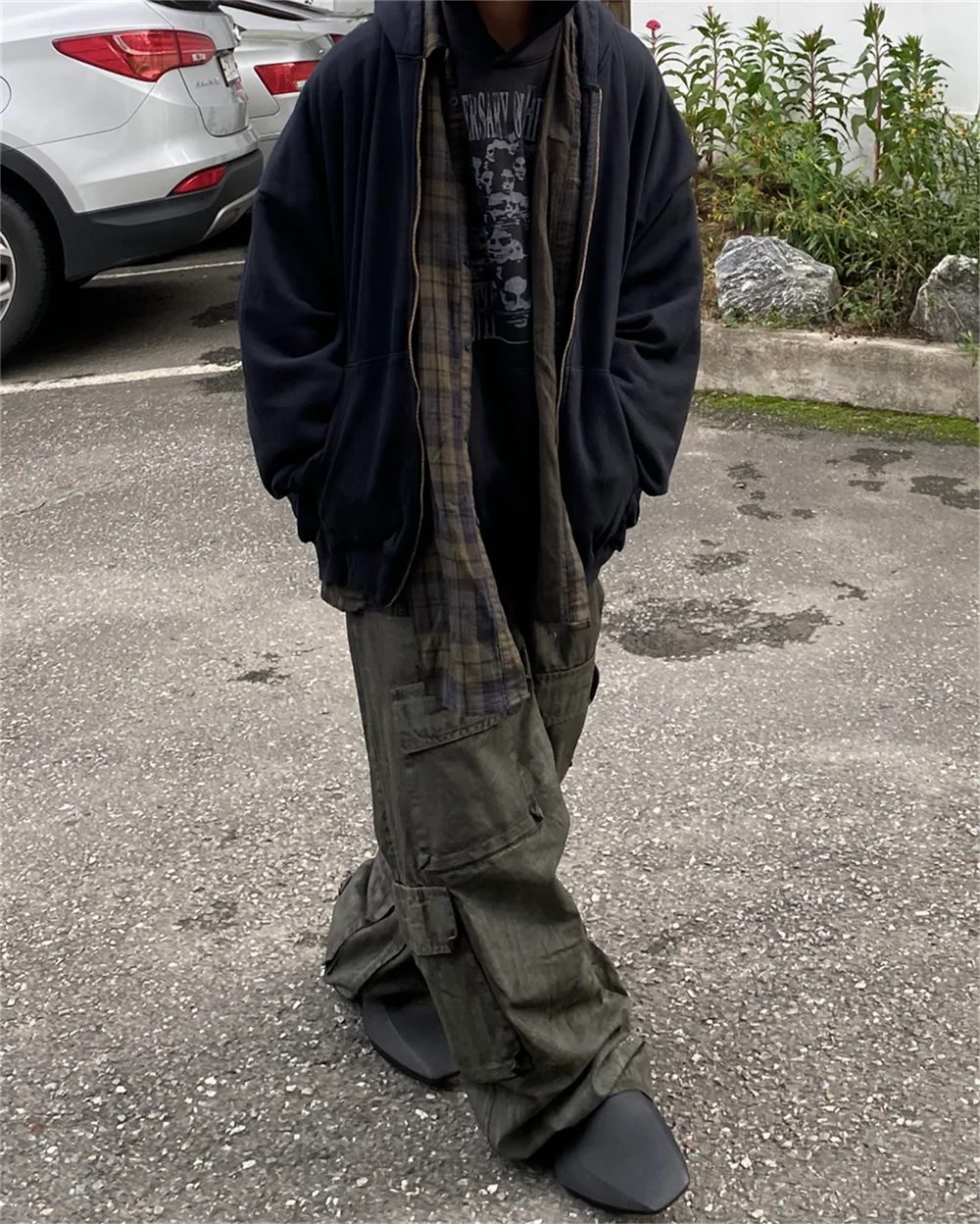 sadcore chrome print featuring undermycar 2024 new high quality shirt plaid cover with layered zipper open up hoodie black