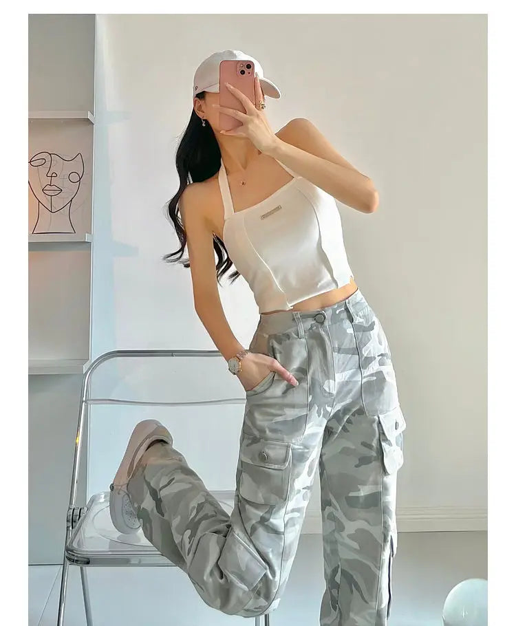 camouflage grey cargo pants women american vintage streetwear straight loose summer hiphop hot pants ins cargo pants womens 2023 unique cargo style 1170