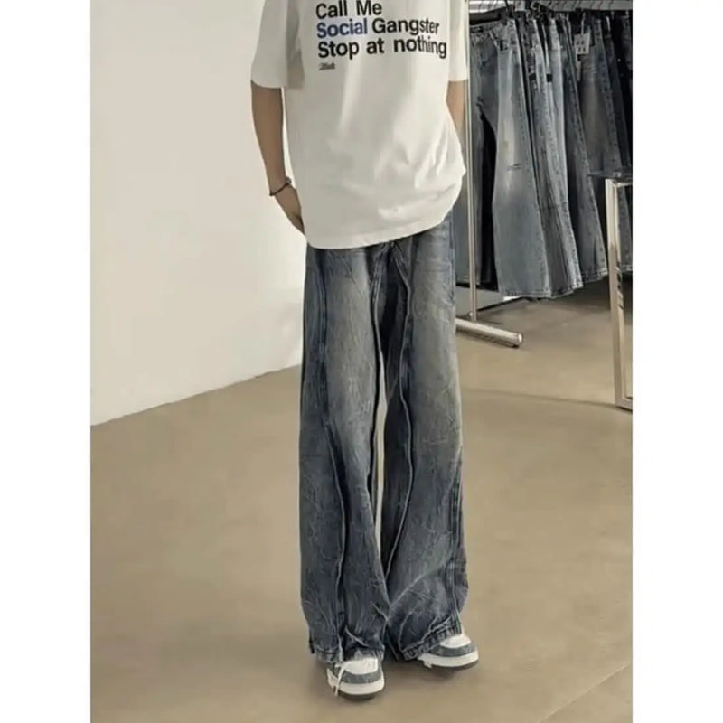 american high street hip hop men and women trendy washed straight leg jeans autumn couple loose micro flared casual pants y2k urban skinny jeans