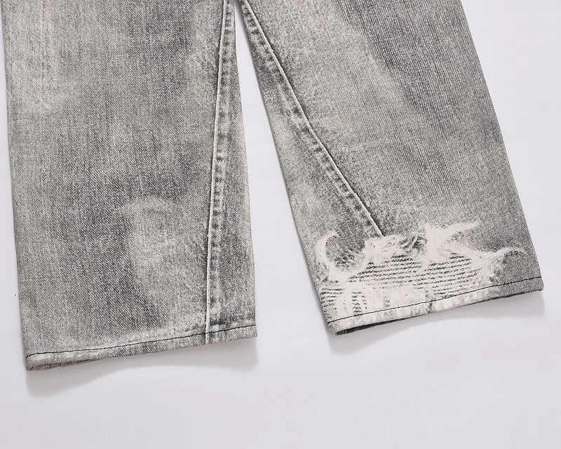2023 european and american vintage digital printing jeans washed distressed straight denim pants mens streetwear y2k jean pants unique jeans style 5797