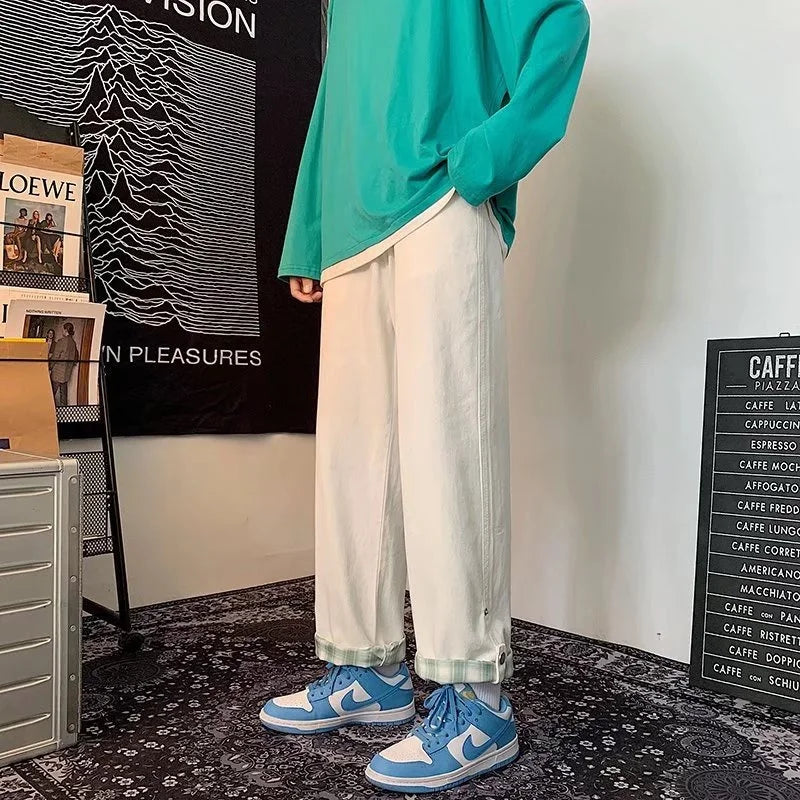 autumn plaid cuffs wide leg jeans for men high street fashion straight denim pants mujer elastic y2k baggy blue jean trousers stacked flare jeans