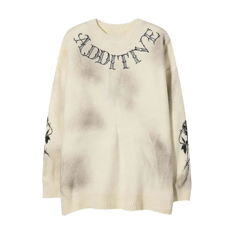 hip hop knitted sweater streetwear mens letter rose printed punk gothic oversized o neck pullover jumpers harajuku loose tops high quality cotton pullover, oversized graphic print design, Y2K vintage urban hoodie