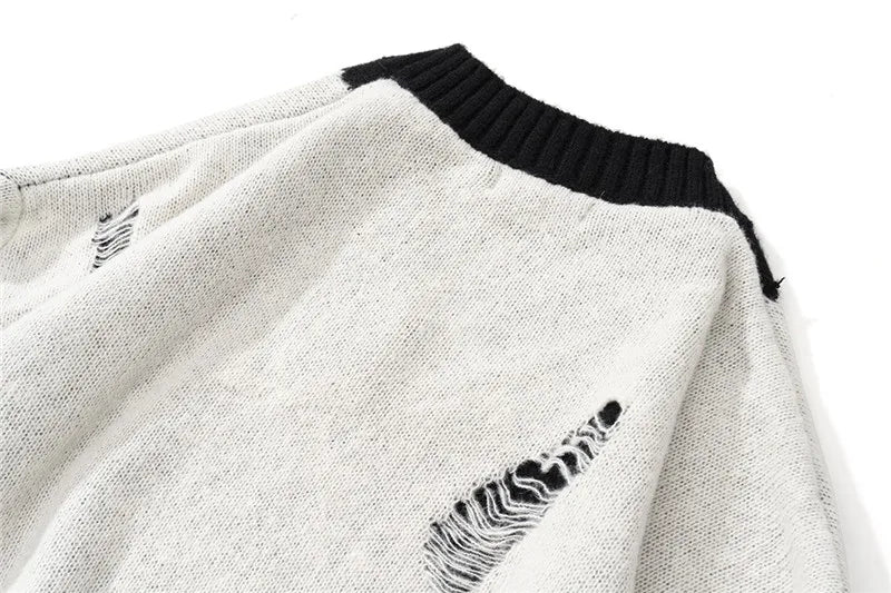 hip hop streetwear knitted sweater sweater 2022 mens harajuku ripped holes new casual v neck tops cotton loose pullover sweaters - Y2K grunge street style, graphic printed hoodie for men and women, high quality cotton hoodie