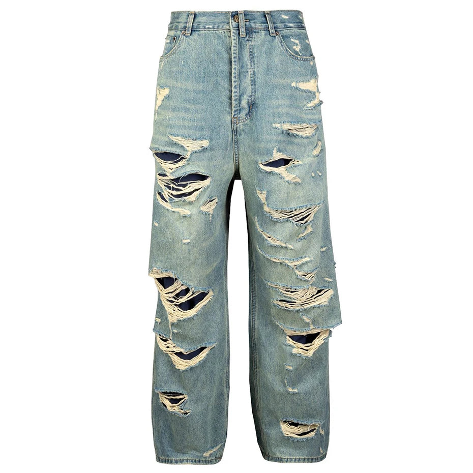 vintage men baggy jeans distressed ripped denim pants male luxury designer jeans trousers unique jeans style 1404