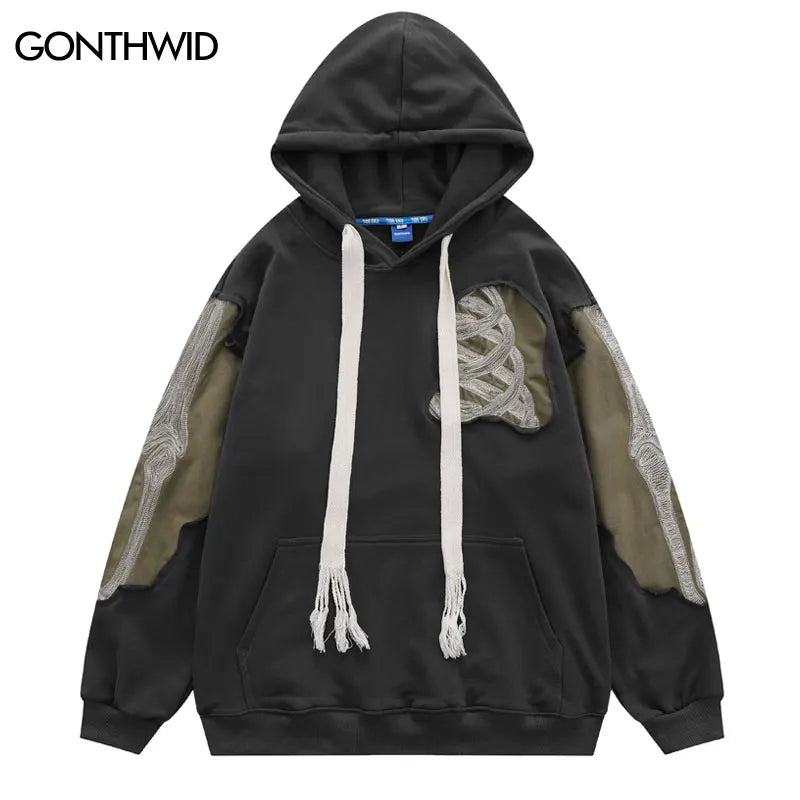 Hip Hop Men Hoodie Sweatshirt Y2K Embroidery Skeleton Skull Patch Punk