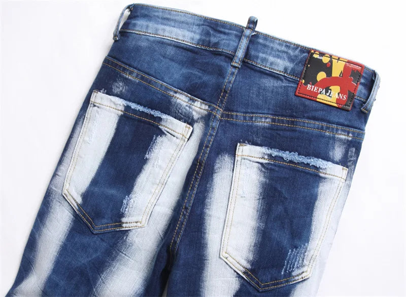 fashion distressed white washed denim jean pants colorful graffiti printed casual biker hip hop jeans slim joggers mens jeans unique joggers style 4581