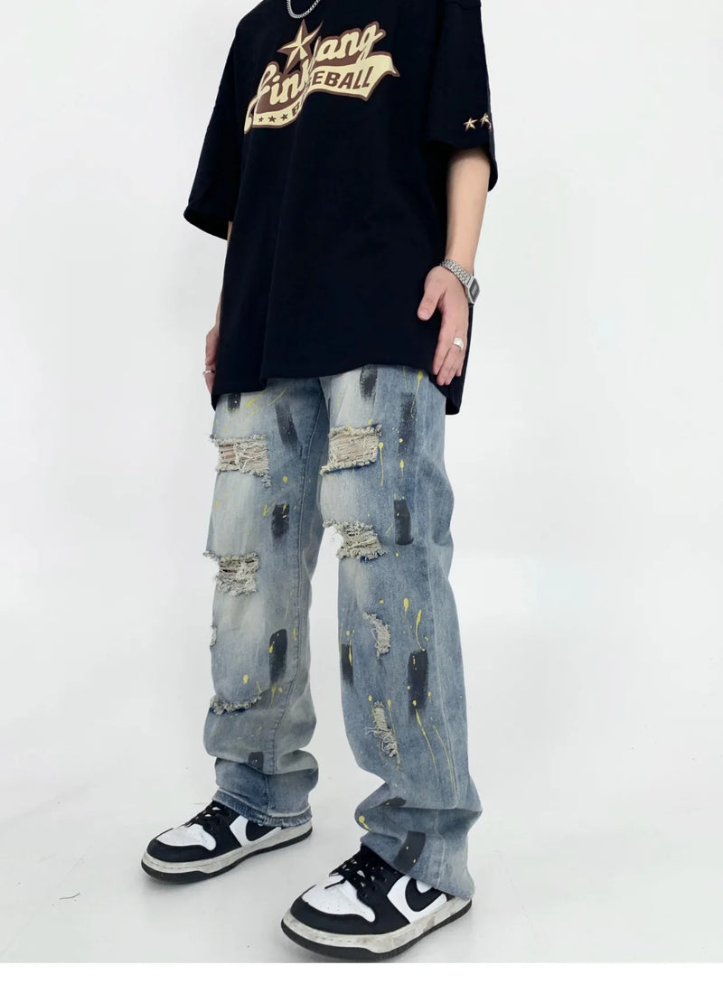graffiti printed ripped destroied straight denim jean men hip hop distressed biker jeans fashion casual high street pants jogger unique joggers style 1616