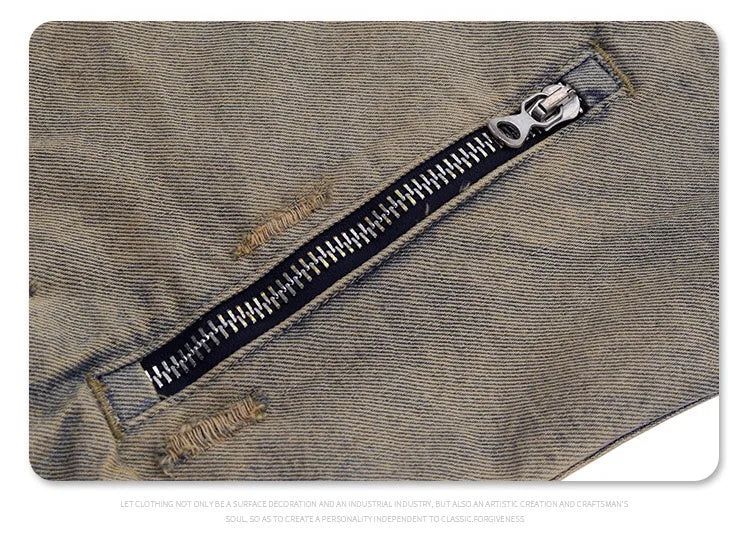 winter street style featuring collarless wash denim motorcycle jacket design – premium quality jacket for men