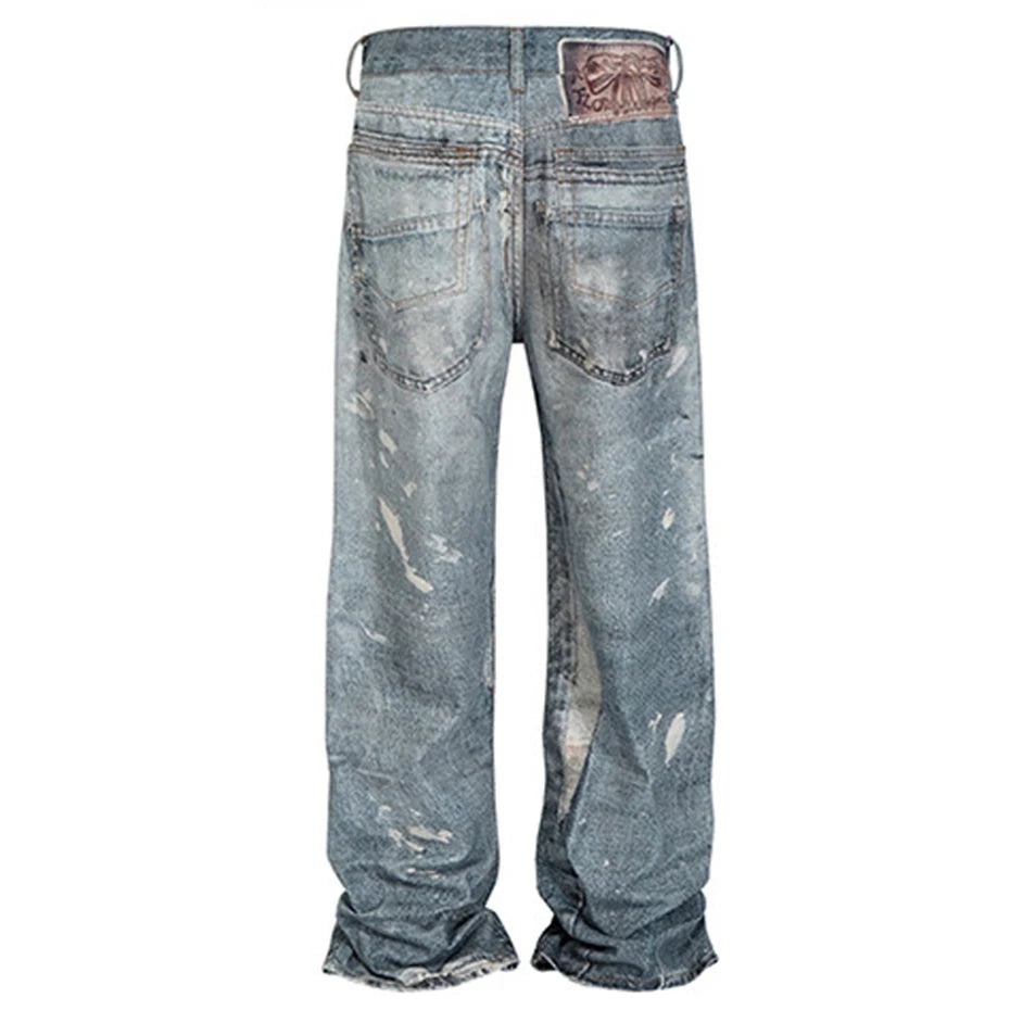 dirty tie dye baggy jeans mens streetwear hip hop loose blue denim pants hi street luxury designer jeans trousers man stacked flare jeans