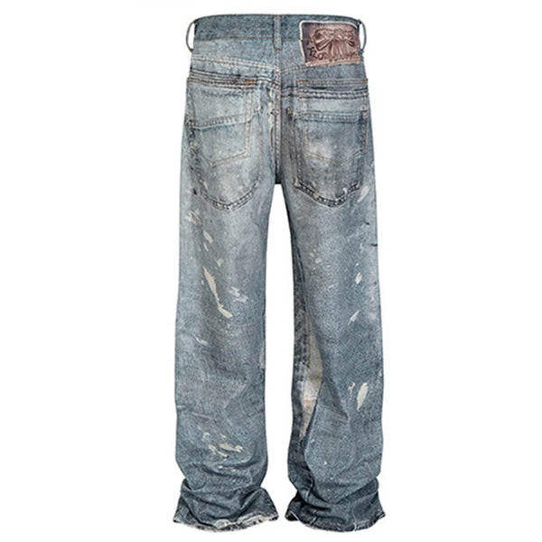 dirty tie dye baggy jeans mens streetwear hip hop loose blue denim pants hi street luxury designer jeans trousers man stacked flare jeans
