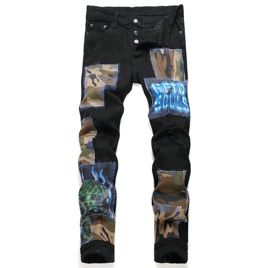 fashion ripped patchwork jeans men harajuku streetwear hip hop black jeans trend slim denim pants unique jeans style 337