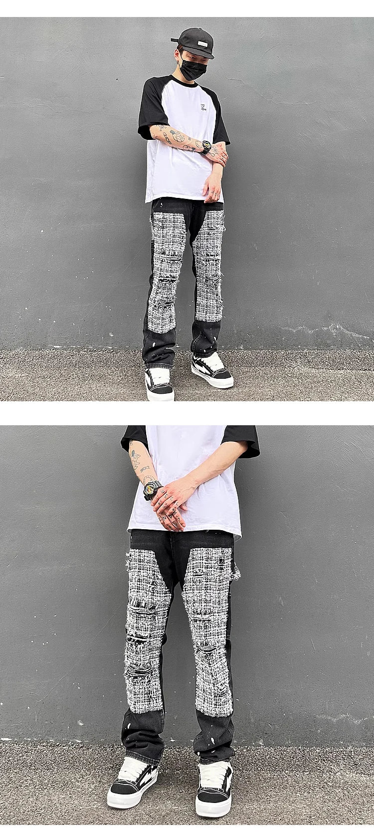 ripped holes patchwork denim jeans mens high street zipper straight jeans hip hop streetwear casual loose joggers jeans pants unique joggers style 2571