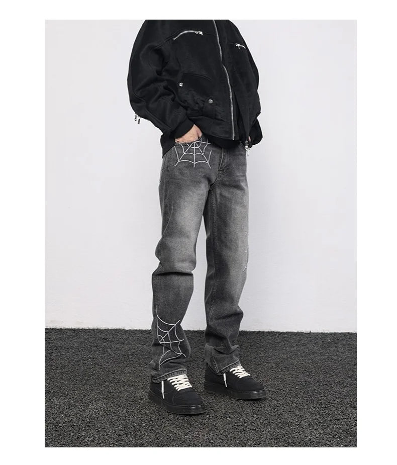 mens hip hop streetwear denim pants cobweb embroidery denim pants 2023 harajuku zipper cotton joggers jeans trousers harem pants unique joggers style 1933