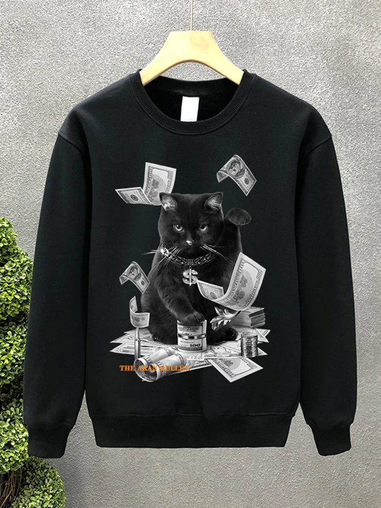 Cartoon Money Cat Graphic Printed Crewneck Sweatshirts Hombre Hip Hop