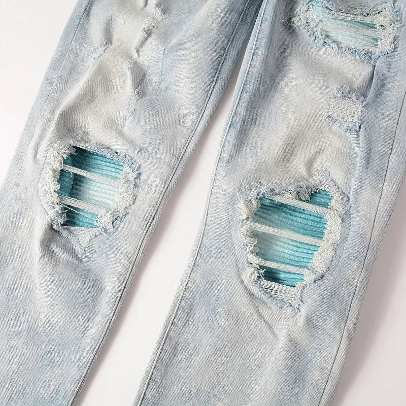 american style high street light blue ripped jeans mens pic slim fit stretch ripped skinny pants ripped baggy denim