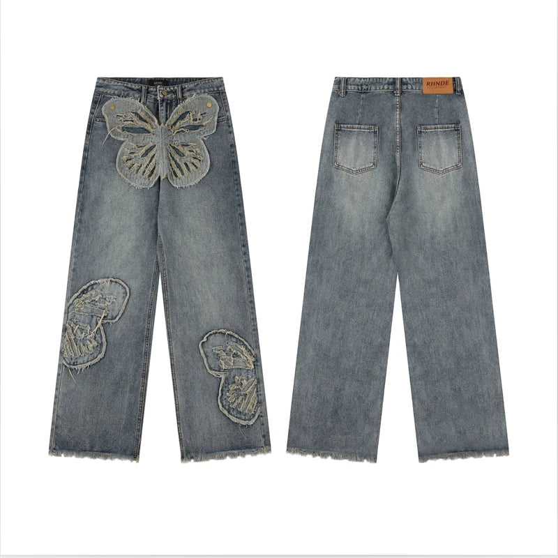 butterfly patches embroidered washed straight vintage baggy fitting jeans for men high street distressed jeans pants women unique jeans style 4474