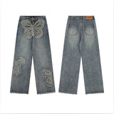 butterfly patches embroidered washed straight vintage baggy fitting jeans for men high street distressed jeans pants women unique jeans style 4474
