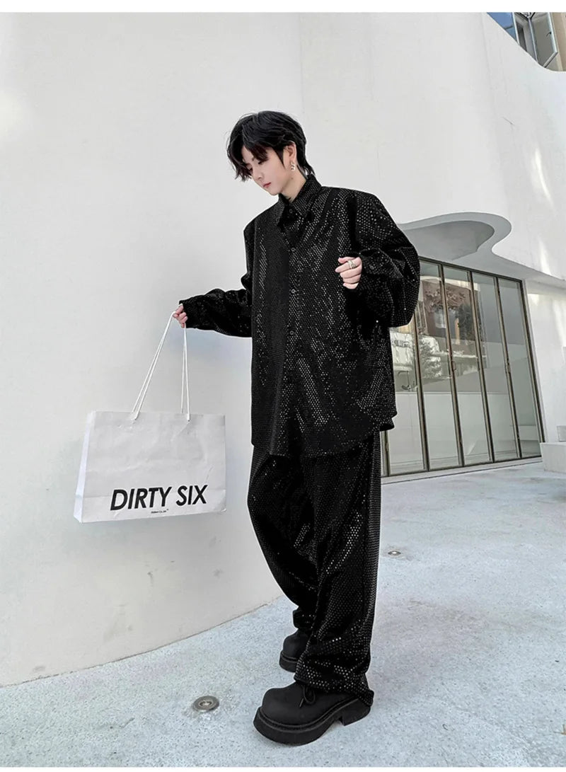 mens sequin 2 piece sets loose casual long sleeve shirt pant stage fashion party show clothing dress shirts trousers costumes unique default style 2885