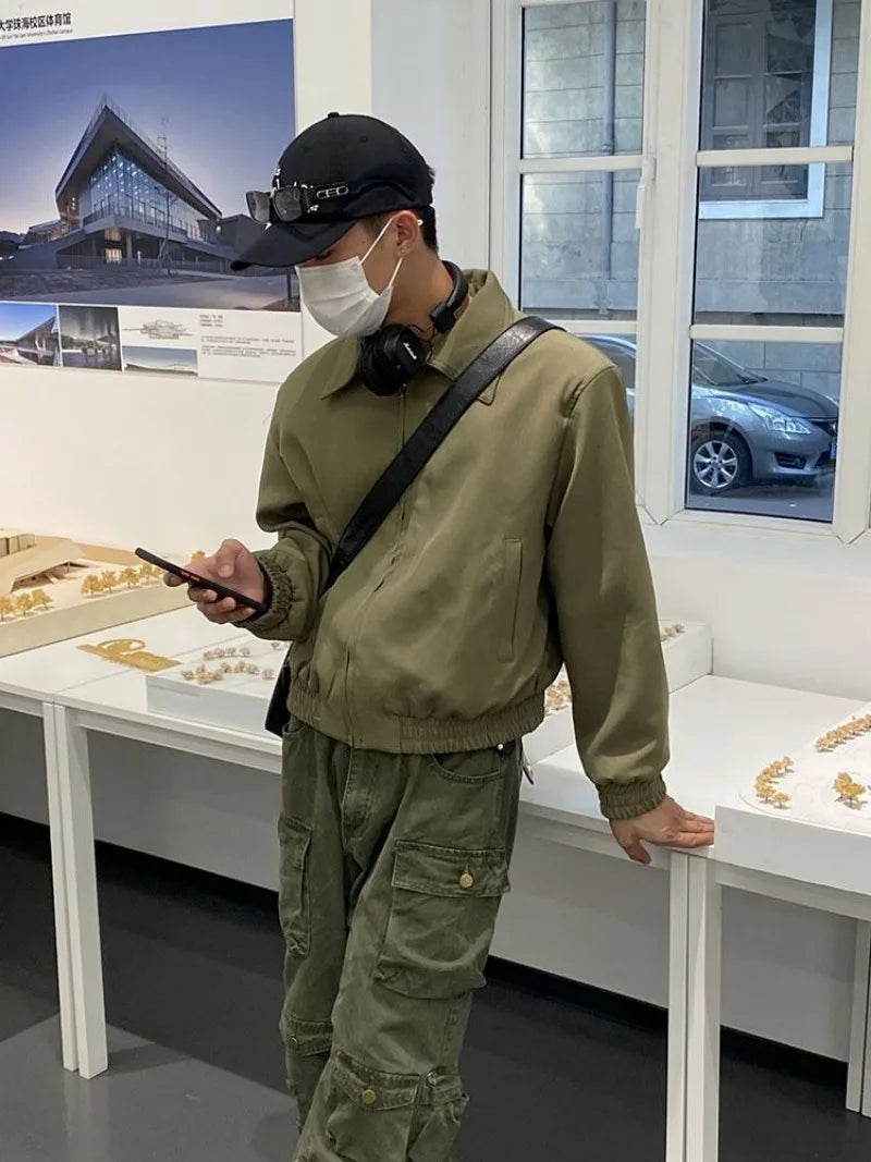 high street y2k men set casual loose lapel jacket hip hop multi pocket overalls 2 piece spring autumn fashion couple suit trend unique default style 4588