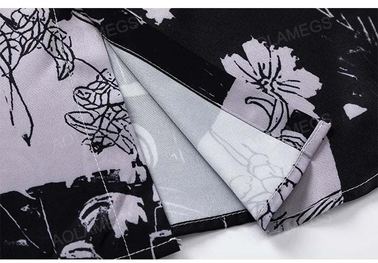 Men Hawaiian Shirt Retro Floral Print Short Sleeve Blouse Hong Kong Style Summer Beach Vacation Tops Casual Loose Shirt Black
