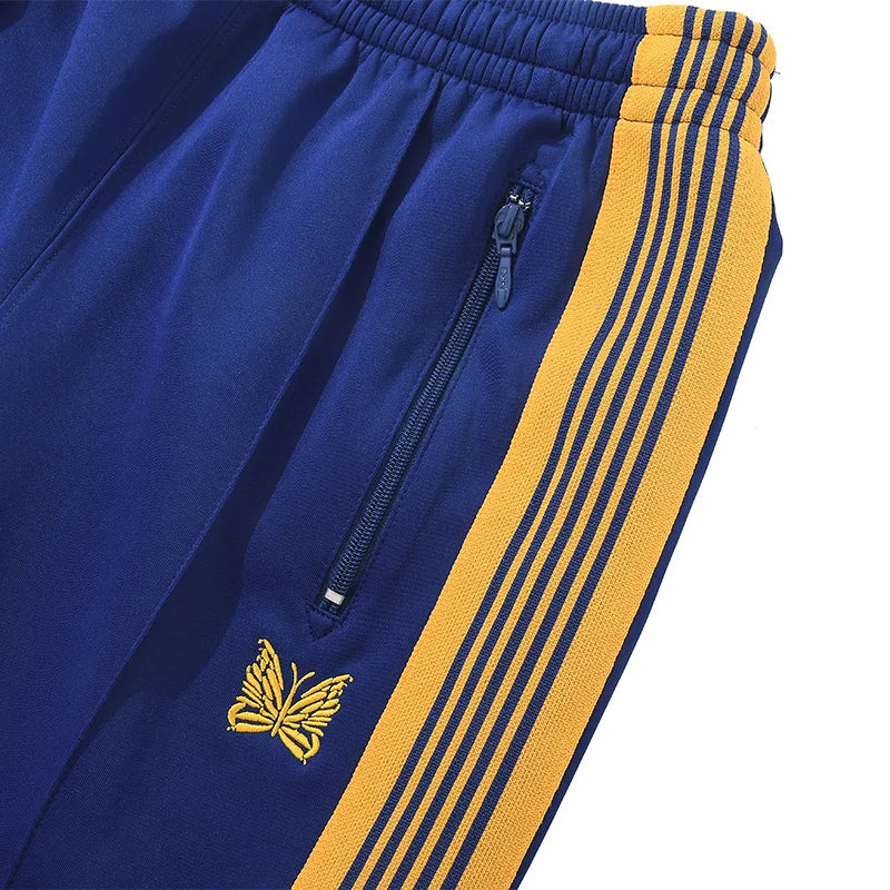 blue pattern embroidery casual motion pants men woman fashion street side edge weaving straight cylinder trousers relaxed fit trousers