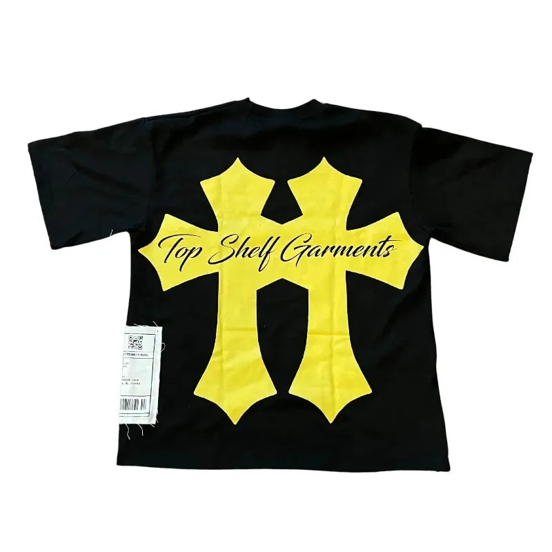 Trapwear Graphic tee – Harajuku Hip Hop Retro Letter Cross Print Oversized Short Sl