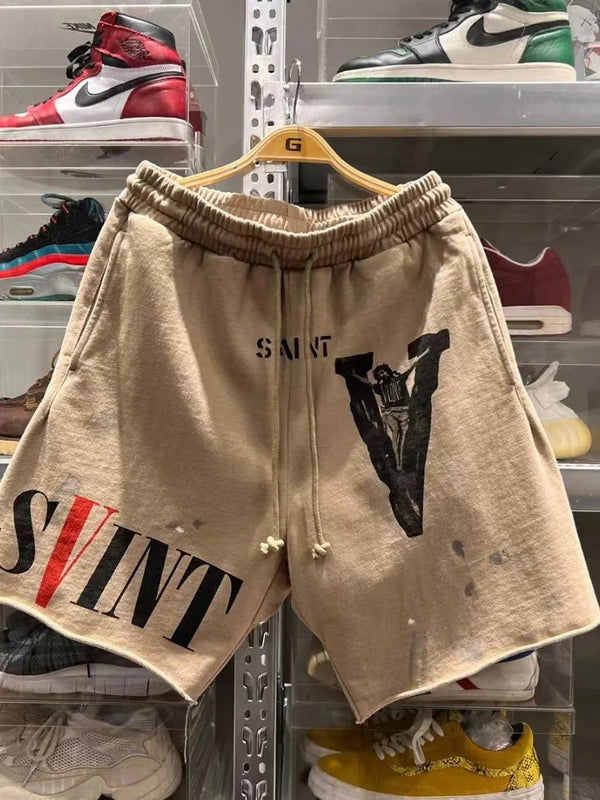 prints loose edging sport shorts quarter pant drawstring street shorts