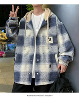 American high street men and women trendy personalized hooded cardigan sweatshirt couple loose retro plaid casual jacket top y2k